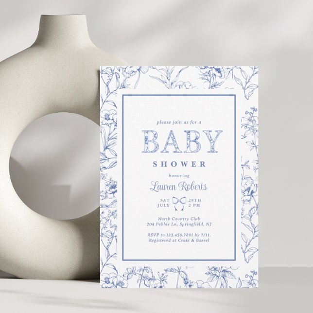 Babykläder för elegant Fransk, blå och vit Blommig Inbjudningar (Skapare uppladdad)