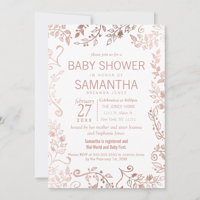 Babykläder för elegant Vit ros Guld Blommigt Inbjudningar (Framsida)