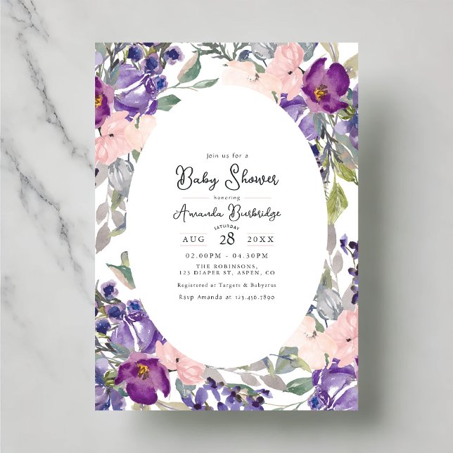 Babykläder för elegantens Lila och Rosa Blommigt   Inbjudningar (Elegant Purple and Pink Floral Baby Shower Invitation)