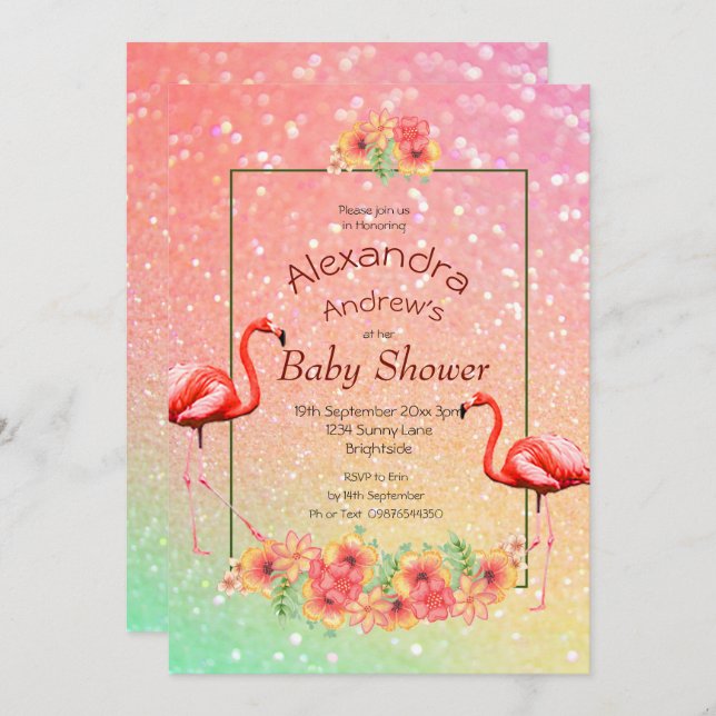 Babykläder för glitter Flamingo Tropical Flowers Inbjudningar (Fram/baksida)