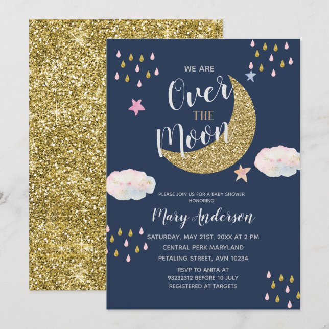 Babykläder för Glitter Guld Måne Inbjudningar (Fram/baksida)
