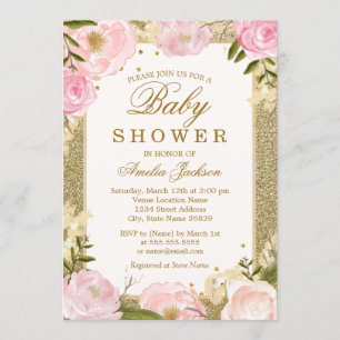 Babykläder för gnistra Rosa Guld Blommigt Shower Inbjudningar