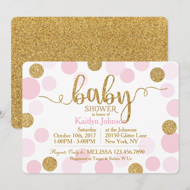 Babykläder för guld Glitter och Rosa, punktade pun Inbjudningar (Fram/baksida)