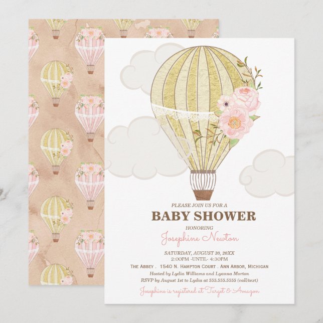 Babykläder för guld och Rosa Luftballong  Inbjudningar (Fram/baksida)