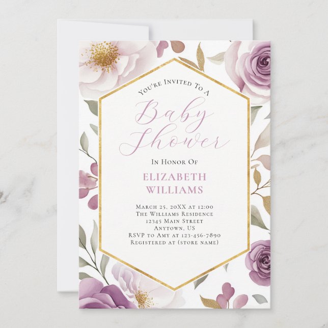 Babykläder för Lavender Lila Guld Ro Peonies Baby  Inbjudningar (Framsida)