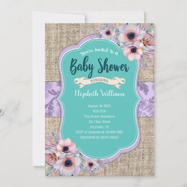 Babykläder för Lila Burlap Watercolor Flowers Baby Inbjudningar (Framsida)