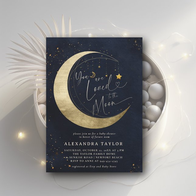 Babykläder för Måne Mobile Mörk Navy Neutralt Show Inbjudningar (loved to the moon baby shower invitation moon stars watercolor cute adorable coed elegant neutral)