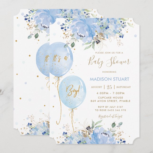 Babykläder för modern Chic Blue Blommigt Balloons  Inbjudningar (Fram/baksida)