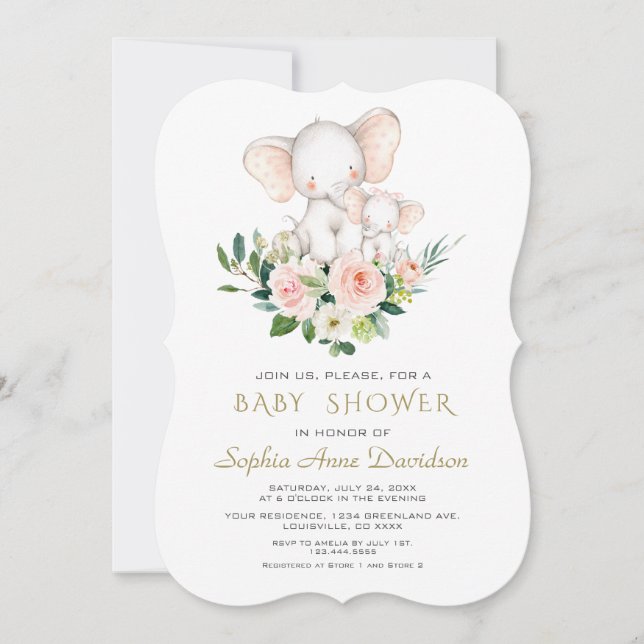 Babykläder för modern Elephant Rosa Cream Flowers Inbjudningar (Framsida)