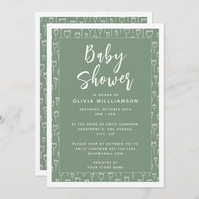 Babykläder för Modern Grönt Sage-skript Inbjudningar (Fram/baksida)