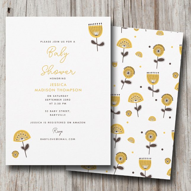 Babykläder för modern Gult-Blommigt i mitten av år Inbjudningar (Mid Century Modern Yellow Floral Baby Shower Invitation)