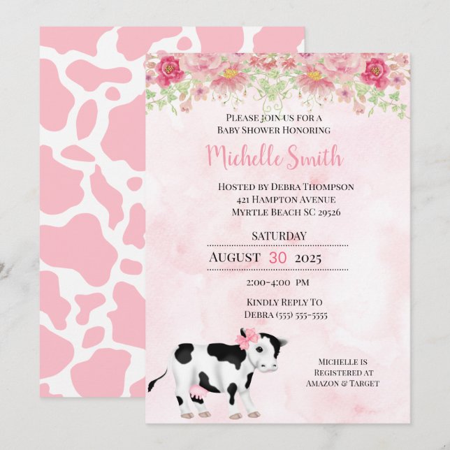 Babykläder för modern Rosa White Cow Print Shower Inbjudningar (Fram/baksida)