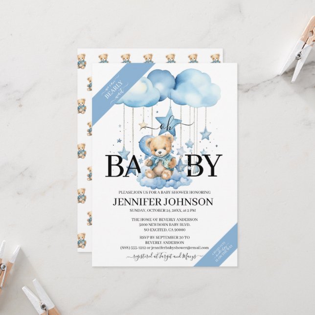 Babykläder för Nalle av blå vattenfärg Inbjudningar (Fram/Back In Situ)