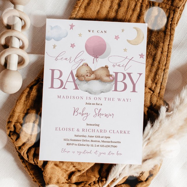 Babykläder för nalle Dusty Rosa Blegon Clouds Baby Inbjudningar (Skapare uppladdad)