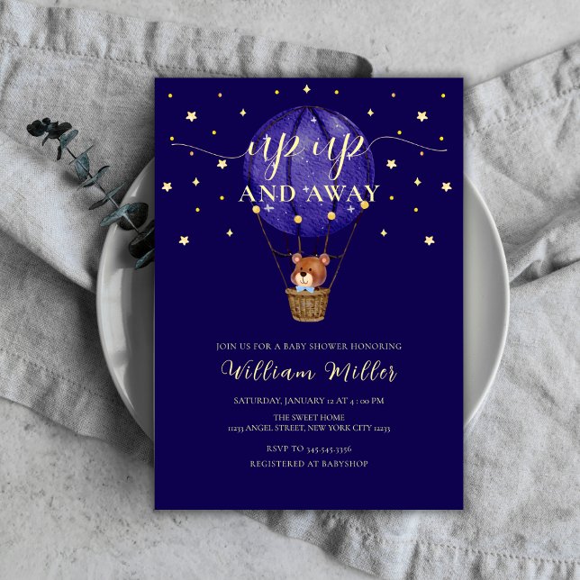 Babykläder för Nallen guld Stars  Luftballong Show Inbjudningar (Gold Stars Teddy Bear Hot Air Balloon Baby Shower Invitation)