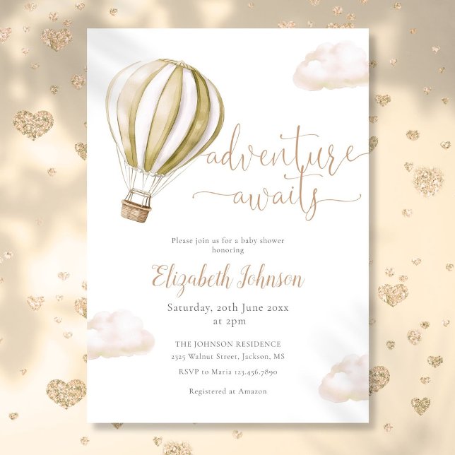 Babykläder för Neutralten äventyr Luftballong  Inbjudningar (Adventure Hot Air Balloon Neutral Baby Shower Invitation)