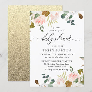 Babykläder för och vit Blommigt Guld Glitter Inbjudningar