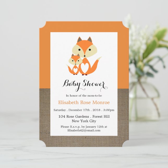 Babykläder för orange Fox Burlap Shower Inbjudningar (Stående Fram)