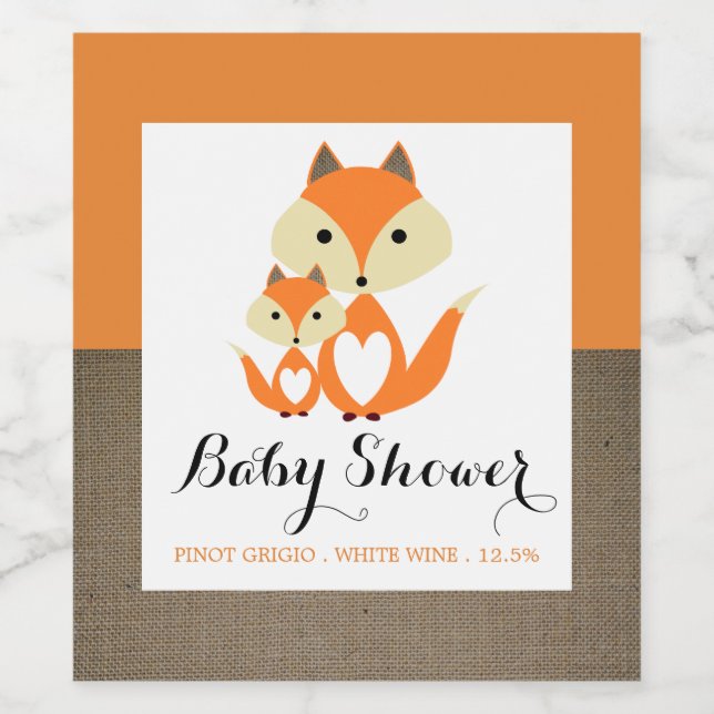 Babykläder för orange Fox Burlap Shower Vinflaska Etikett (Singel etikett)