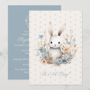 Babykläder för Pojke Blue Rabbit och Flowers Inbjudningar
