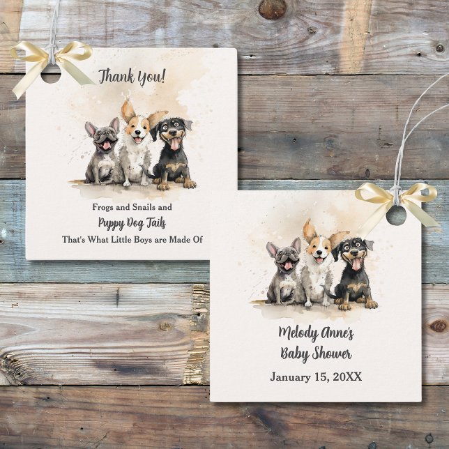 Babykläder för pojke Puppy Hund Svan Gåvor Etiketter (Baby Boy Puppy Dog Tails Baby Shower Thank You Gift or Favor Tag with Watercolor Puppies.)