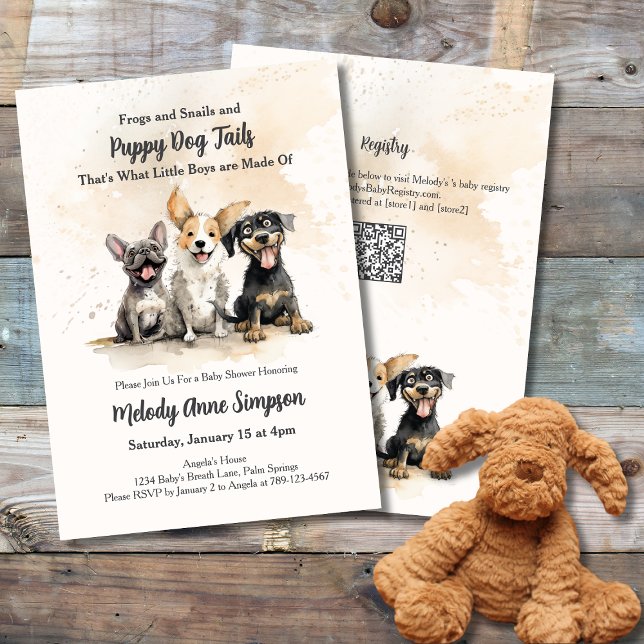 Babykläder för pojke Puppy Hund Svan Inbjudningar (Boy Baby Shower Invitation: Frogs, Snails and Puppy Dog Tails, That's What Little Boys are Made Of)
