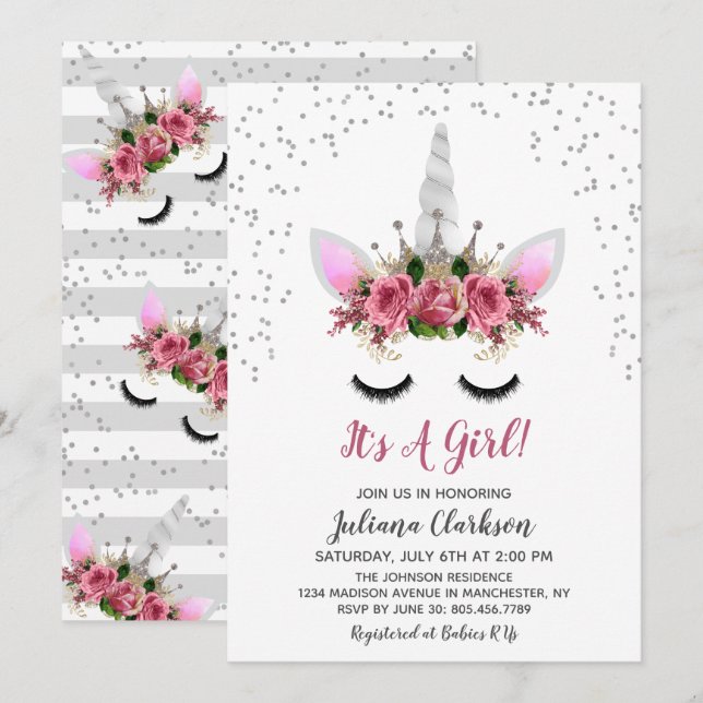 Babykläder för prinsessan silver Glitter Unicorn P Inbjudningar (Fram/baksida)