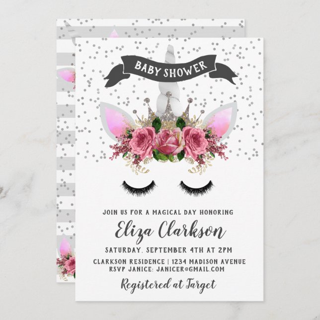 Babykläder för prinsessan silver Glitter Unicorn P Inbjudningar (Fram/baksida)