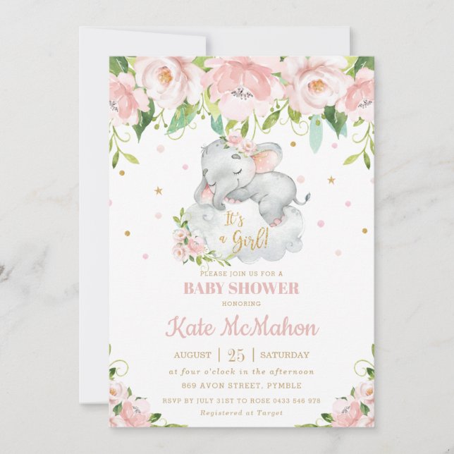 Babykläder för  Rosa av elefant med Blommigt  Inbjudningar (Framsida)