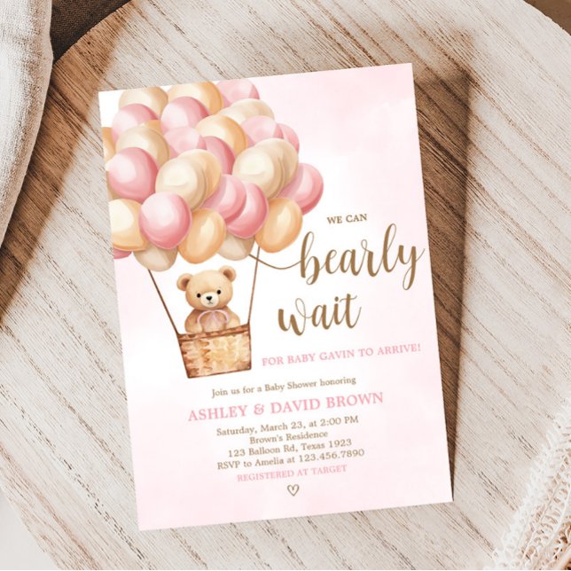 Babykläder för rosa Bear Luftballong  Inbjudningar (Girl Bear Boho Baby Shower Invitation)