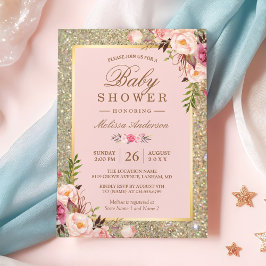 Babykläder för Rosa Blommigt Guld Sparkles Showe Inbjudningar