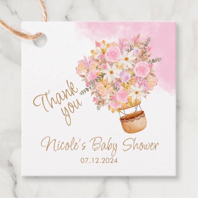 Babykläder för rosa Blommigt Luftballong  Gåvor Etiketter (Framsida)