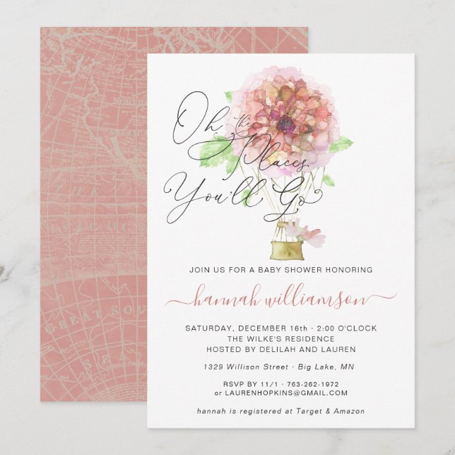 Babykläder för rosa Blommigt Luftballong  Inbjudningar (Fram/baksida)