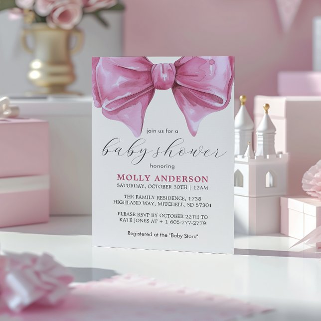 Babykläder för Rosa med vattenfärgsfack Inbjudningar (Girly Pink Watercolor Bow Baby Shower Invitation)