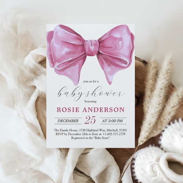 Babykläder för Rosa med vattenfärgsfack Inbjudningar (Girly Pink Watercolor Bow Baby Shower Invitation)
