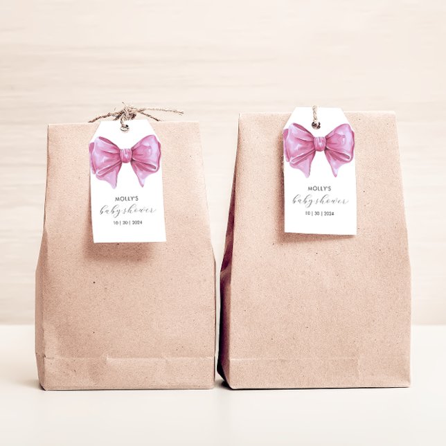 Babykläder för Rosa med vattenfärgsfack Presentetikett (Girly Pink Watercolor Bow Baby Shower Gift Tags)