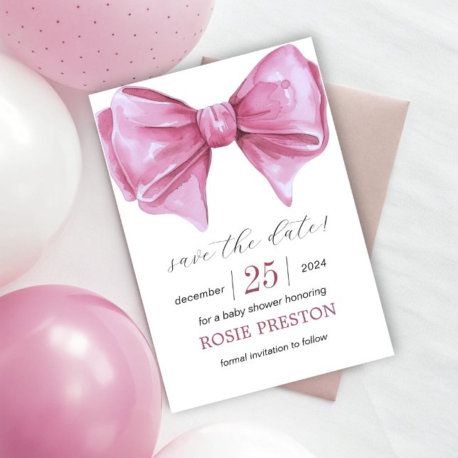 Babykläder för Rosa med vattenfärgsfack Spara Datumet (Girly Pink Watercolor Bow Baby Shower Save The Date!)