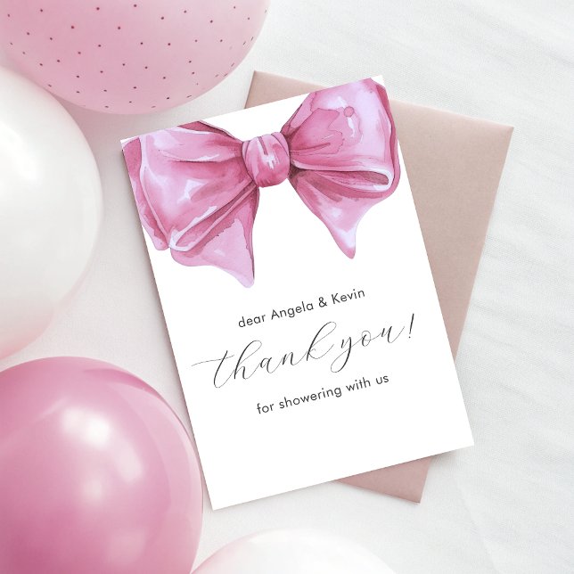 Babykläder för Rosa med vattenfärgsfack Tack Kort (Girly Pink Watercolor Bow Baby Shower Thank You Card)