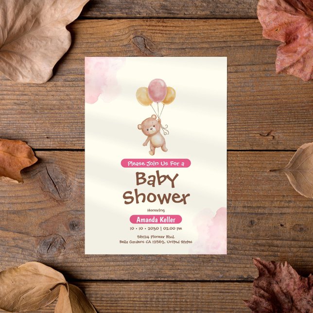 Babykläder för rosa och Cream Baby Bear Balloon Inbjudningar (Skapare uppladdad)