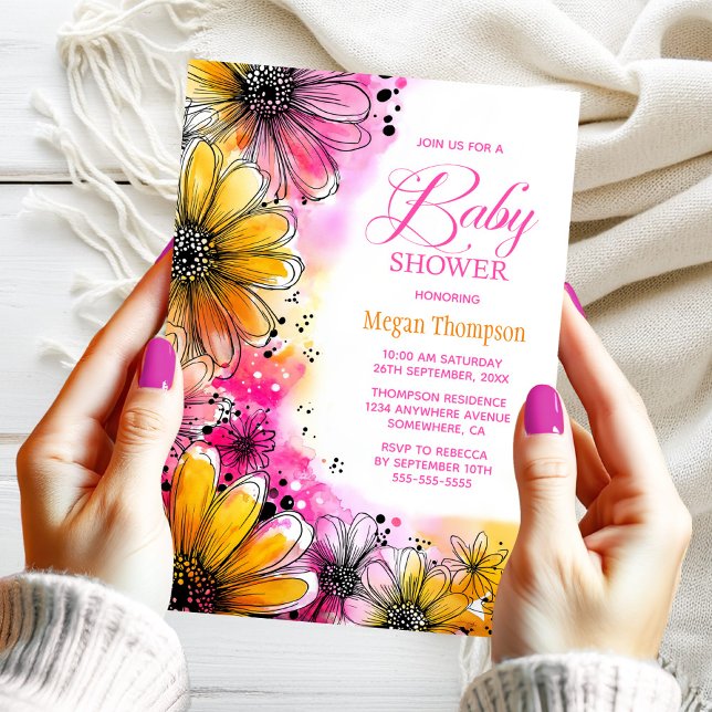 Babykläder för rosa och Orange Blommigt Inbjudningar (Skapare uppladdad)