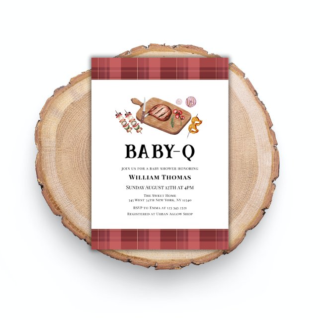 Babykläder för Rustic Play Land Baby Q Inbjudningar (Rustic Plaid Country Baby Q Baby Shower Invitation)