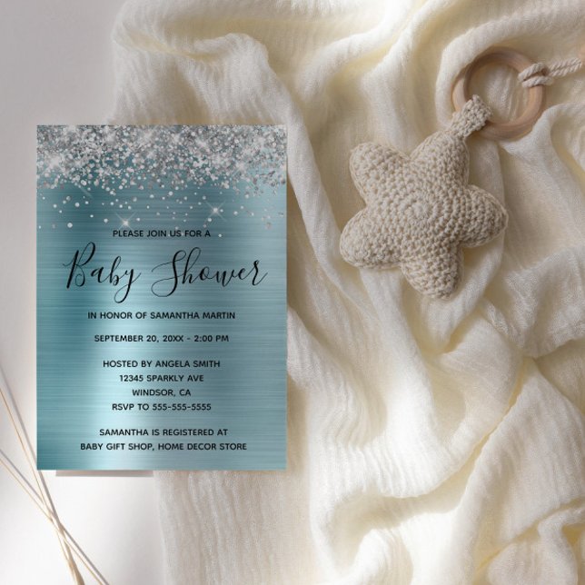 Babykläder för silver Glitter och blå fetter Inbjudningar (Silver Glitter Light Blue Glam Baby Shower Invite)