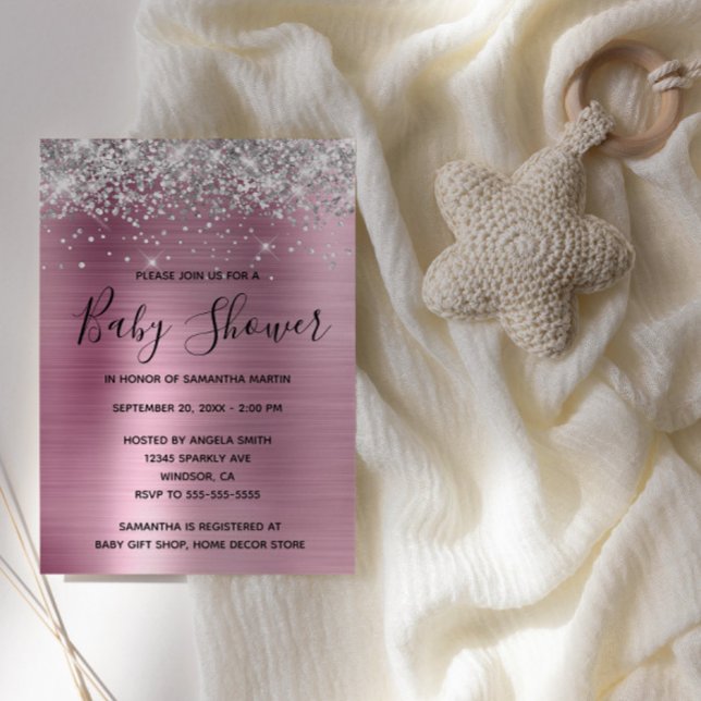 Babykläder för silver Glitter och Rosa Foil Shower Inbjudningar (Faux Silver Glitter and Pink Foil Baby Shower Invite)