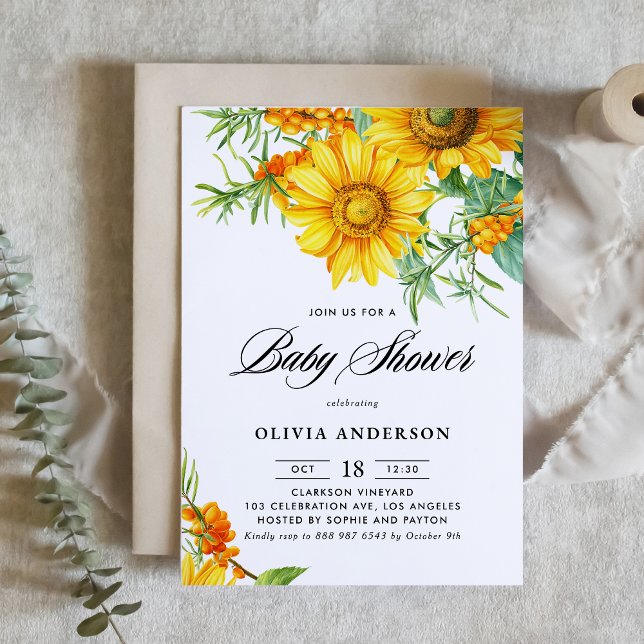 Babykläder för solros och havskräftor QR-kod Inbjudningar (Botanical baby shower invitation featuring illustrations of yellow sunflower and sea buckthorn.)