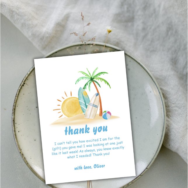 Babykläder för solskensbänk Handflatan Träd Tack Kort (Surfboard Sunshine Beach Palm Tree Baby Shower Thank You Card)