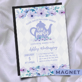 Babykläder för tea Party Lila-vattenfärg Magnetisk Inbjudningskort