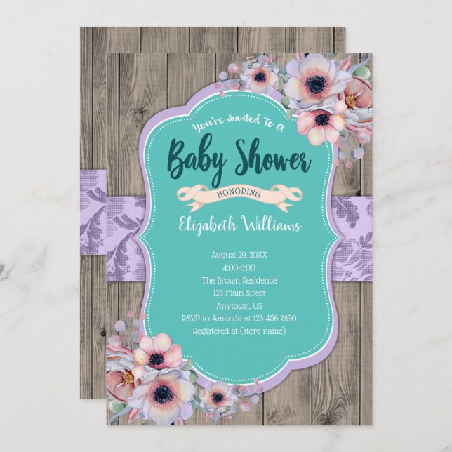 Babykläder för Teal Lila Wood Watercolor Flowers Inbjudningar (Fram/baksida)