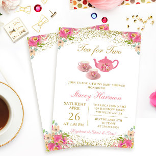 Babykläder för Twin Girls Tea Party Rosa Guld Blom Inbjudningar