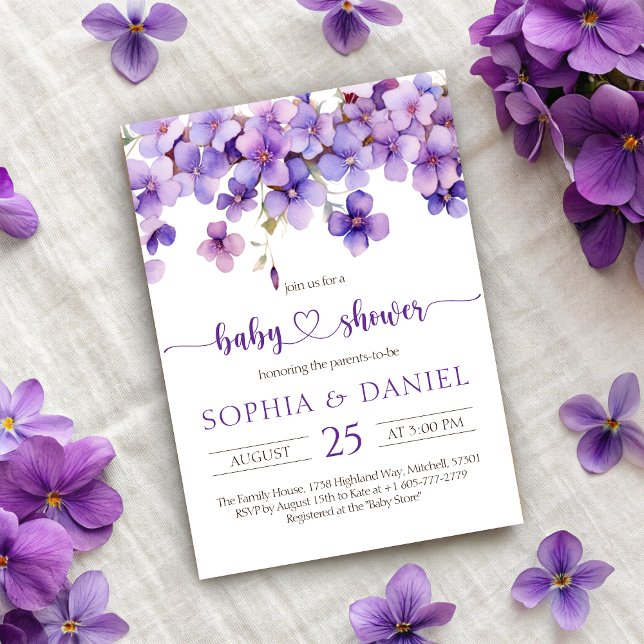 Babykläder för vår-känsliga violetta blommor inbjudningar (Spring Delicate Violet Flowers Baby Shower Invitation)