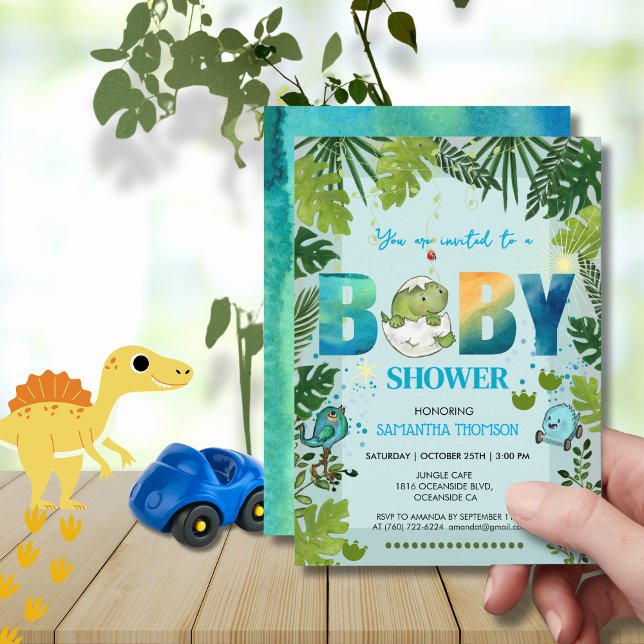 Babykläder för vattenfärg Dino & Tropical Löv Inbjudningar (Watercolor Dino & Tropical Leaves Baby Shower Invitation)
